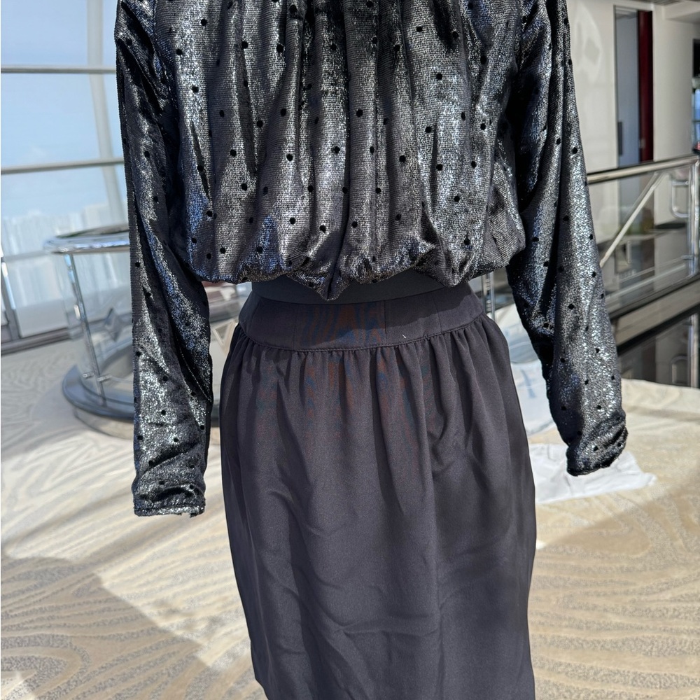 Vintage Long Sleeve Black Velvet Dress  with sparkle buttons - Picture 2 of 2